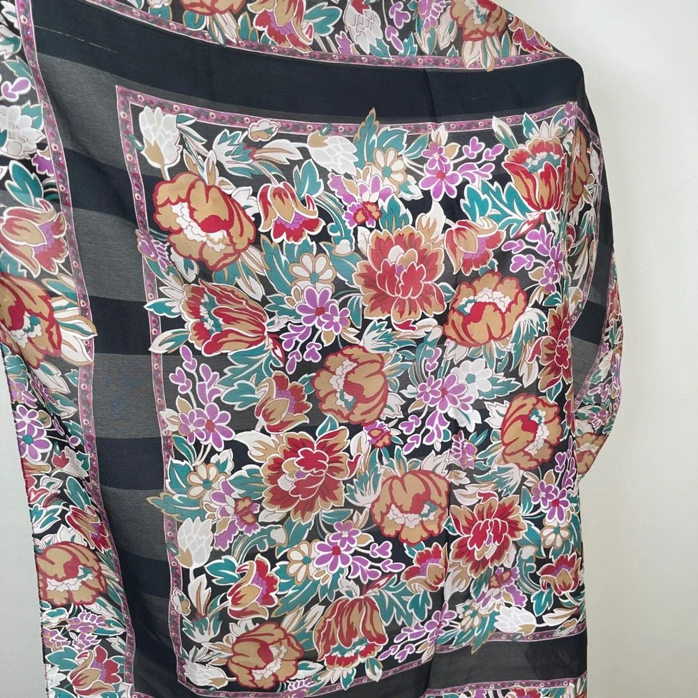 Vintage Floral Square Scarf Women Black Pink Striped Romantic Dark Academia